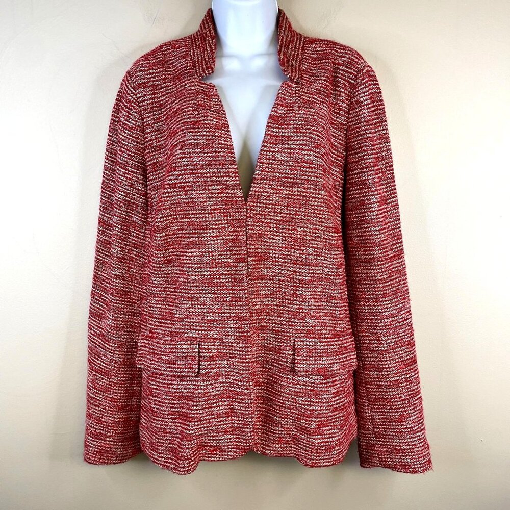 Talbots TWEED Knit Jacket Womens Size14 Red Ivory Preppy Comfy Travel Timeless